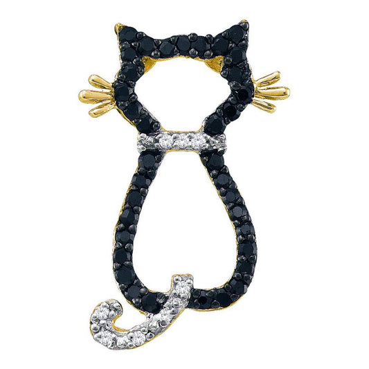 10k Yellow Gold Black Diamond Kitty Cat Fashion Pendant 1/5 Cttw