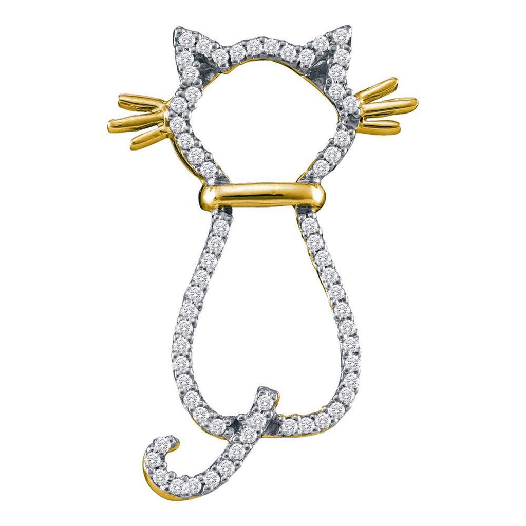 10k Yellow Gold Round Diamond Kitty Cat Feline Animal Pendant 1/5 Cttw