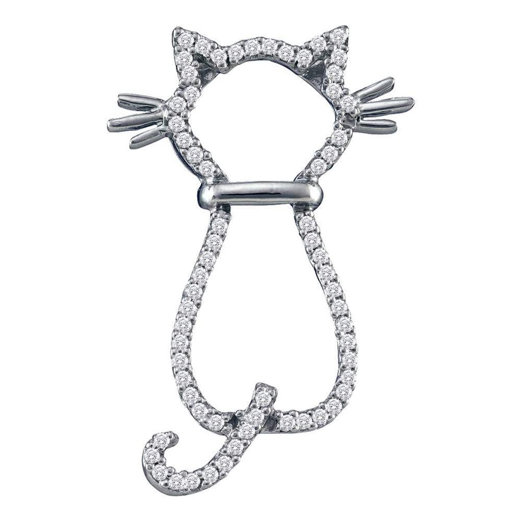 14k White Gold Round Diamond Kitty Cat Feline Animal Pendant 1/5 Cttw
