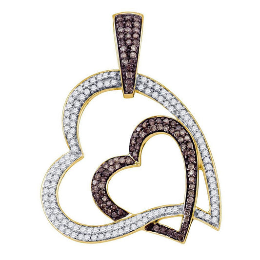 10k Yellow Gold Brown Diamond Double Heart Pendant 1 Cttw