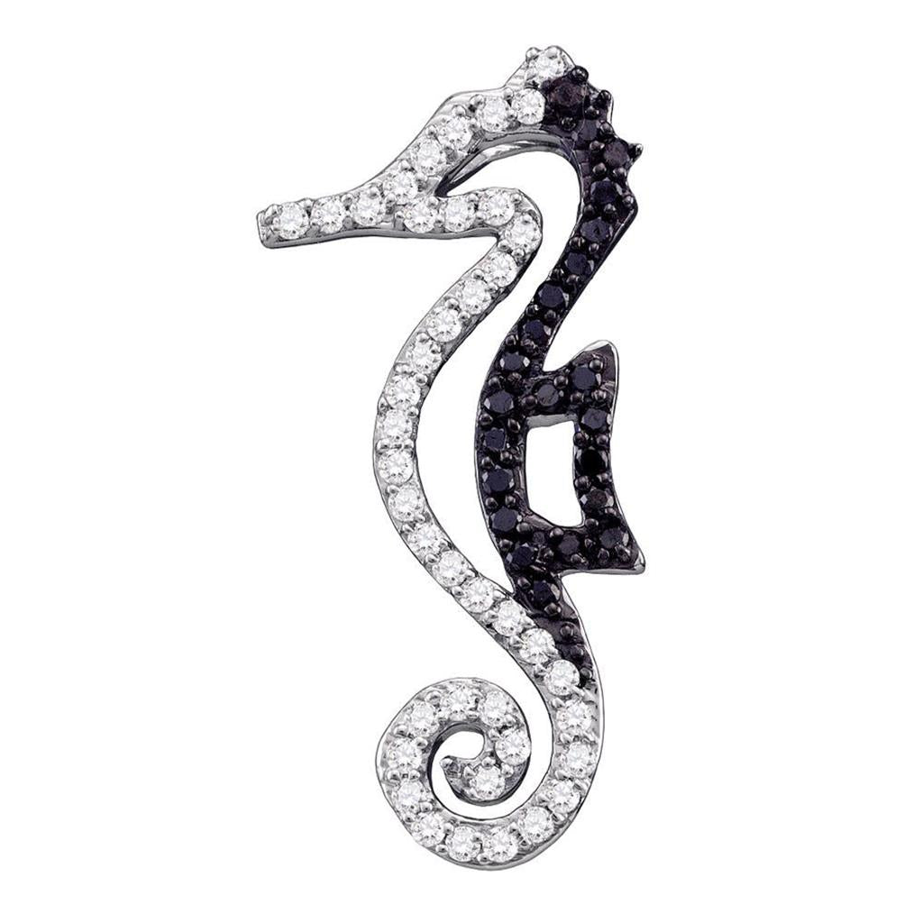 14k White Gold Black Diamond Seahorse Animal Nautical Pendant 1/5 Cttw