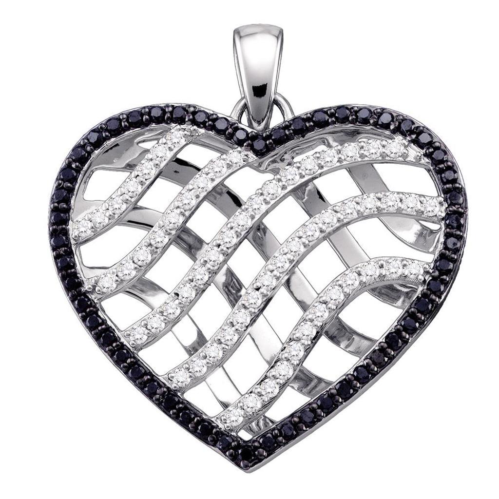14k White Gold Round Black Diamond Lattice Heart Pendant 1 Cttw