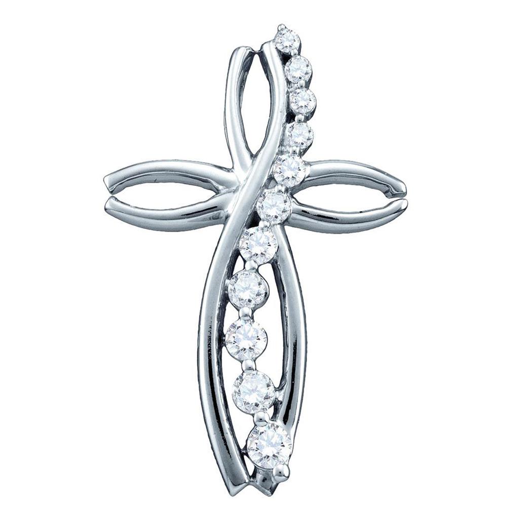 14k White Gold Round Diamond Journey Cross Religious Pendant 1/4 Cttw