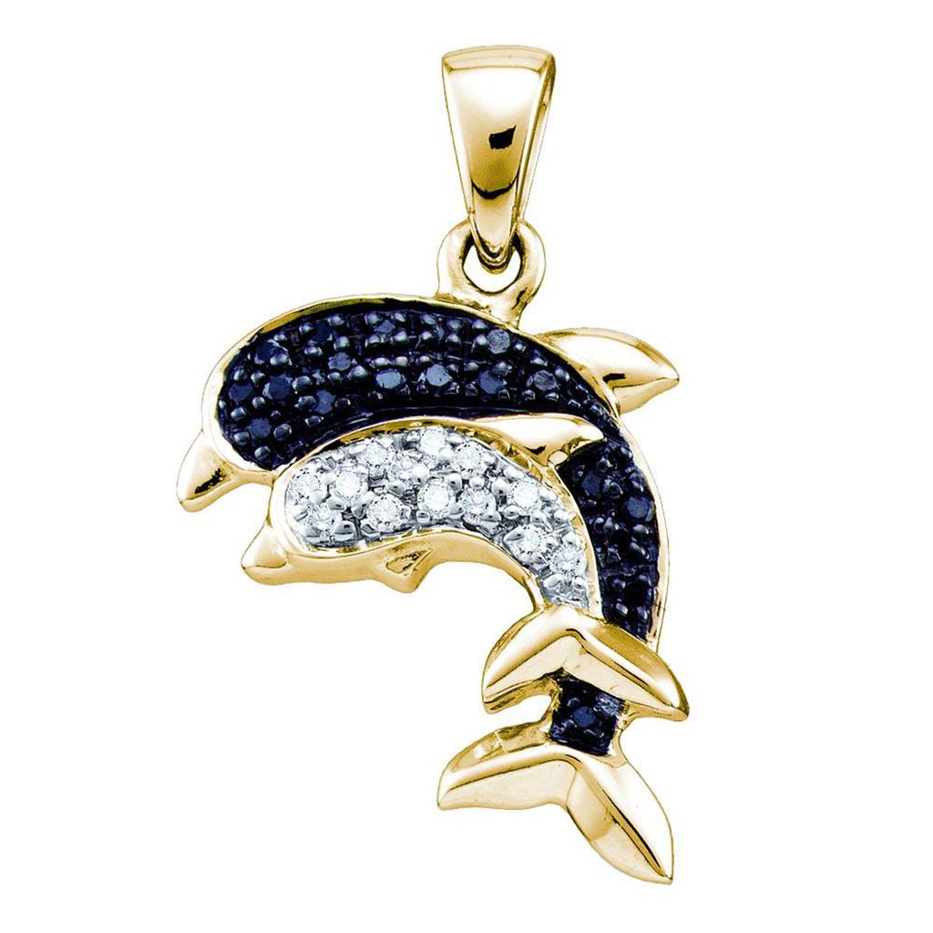 10k Yellow Gold Black Diamond Dolphin Nautical Animal Pendant 1/10 Cttw