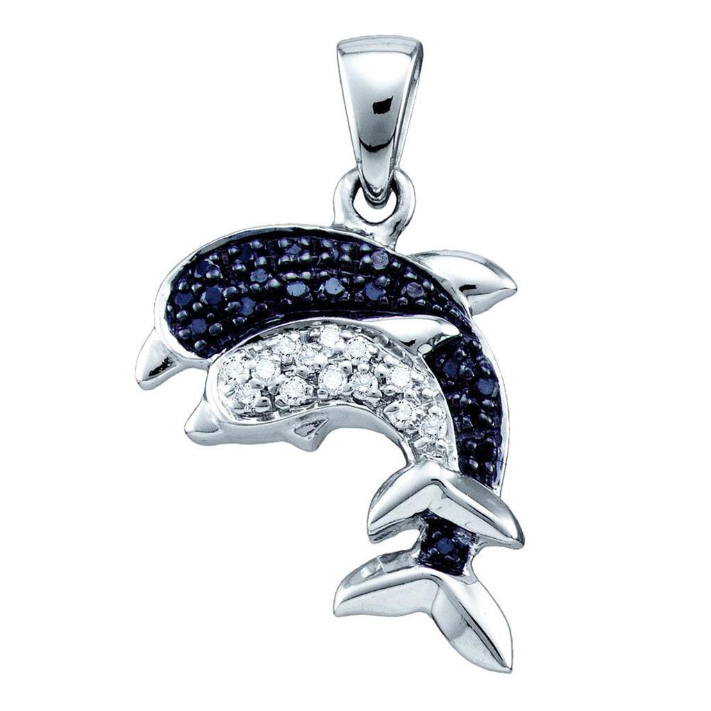 14k White Gold Black Diamond Dolphin Nautical Pendant 1/10 Cttw