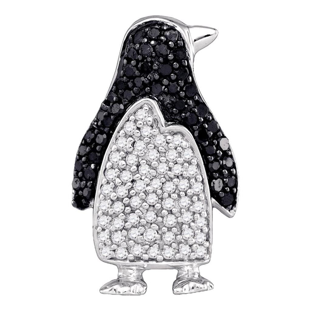 14k White Gold Round Black Diamond Penguin Animal Pendant 1/3 Cttw