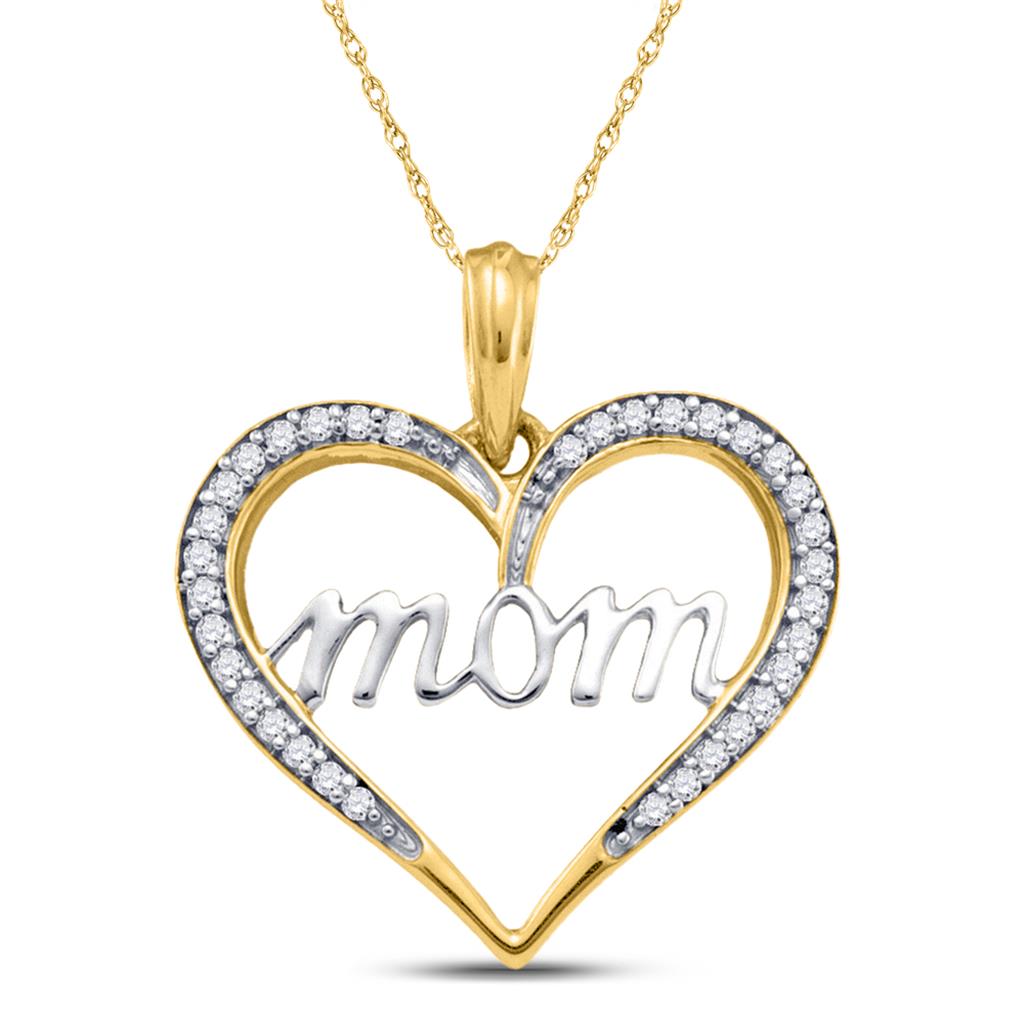 10k Yellow Gold Round Diamond Heart Mom Mother Pendant 1/8 Cttw