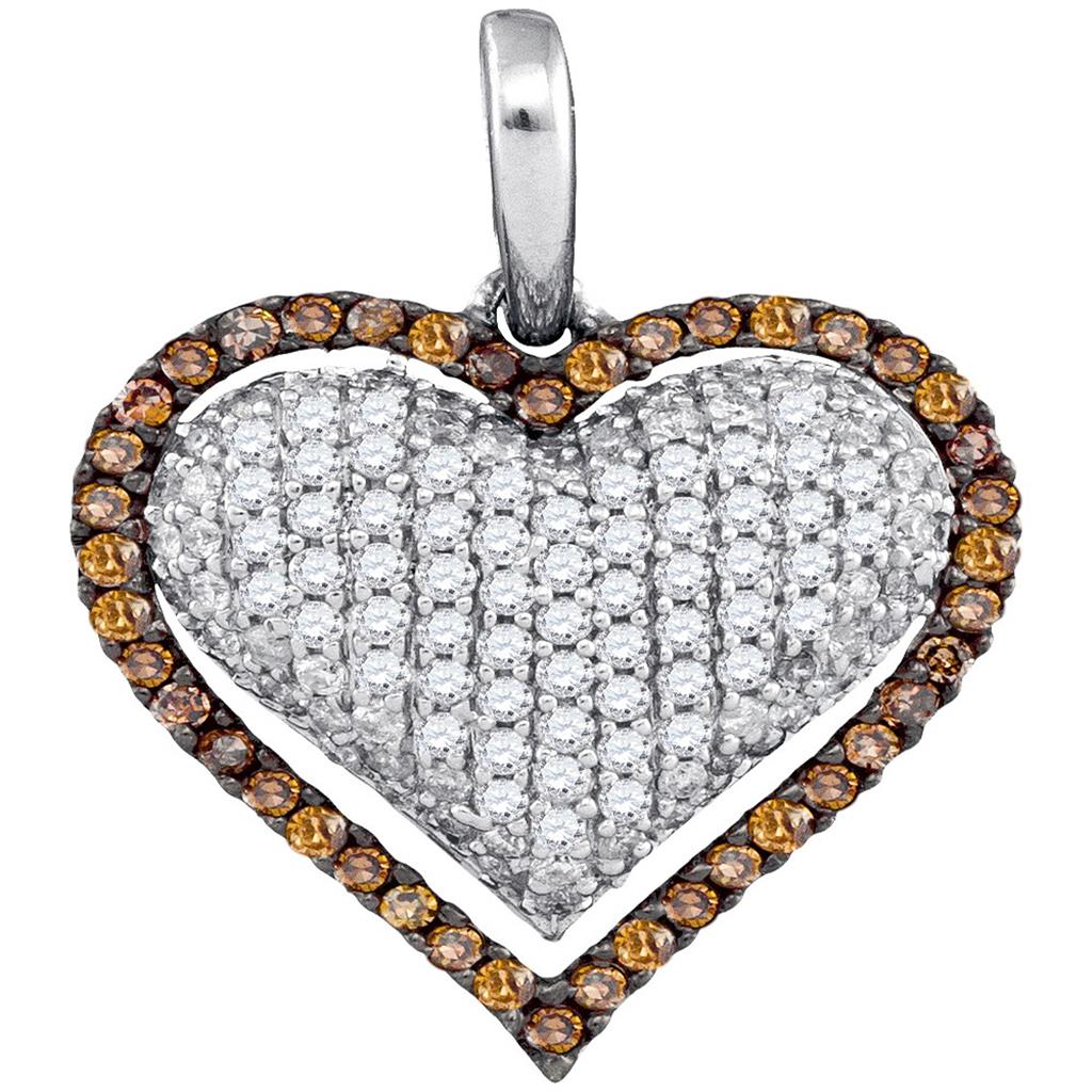 14k White Gold Round Brown Diamond Outline Heart Pendant 7/8 Cttw