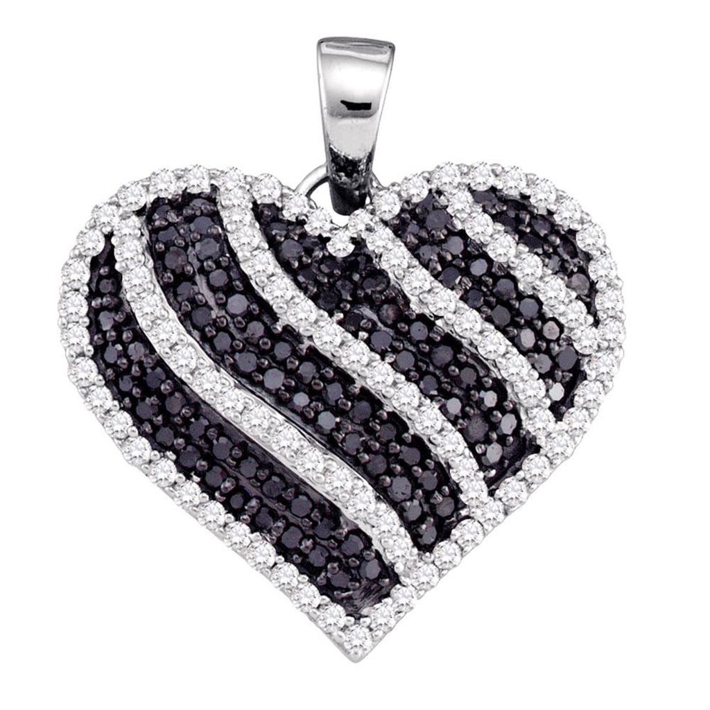 14k White Gold Round Black Diamond Striped Heart Pendant 1 Cttw
