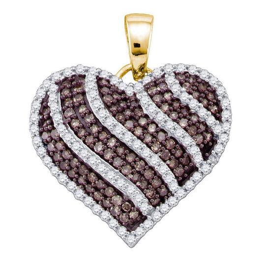 10k Yellow Gold Round Brown Diamond Striped Heart Pendant 1 Cttw