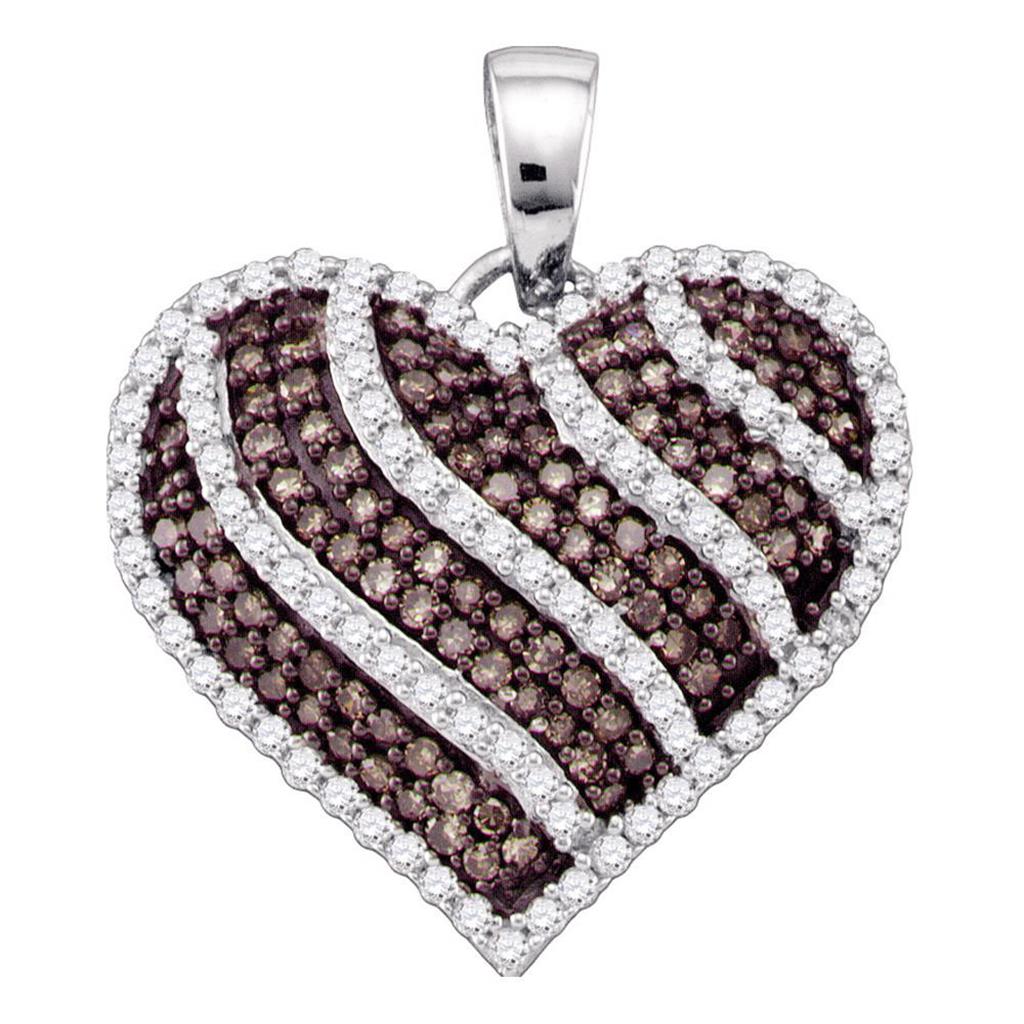 14k White Gold Round Brown Diamond Striped Heart Pendant 1 Cttw