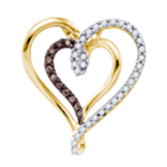 10k Yellow Gold Brown Round Diamond Double Heart Pendant 1/4 Cttw