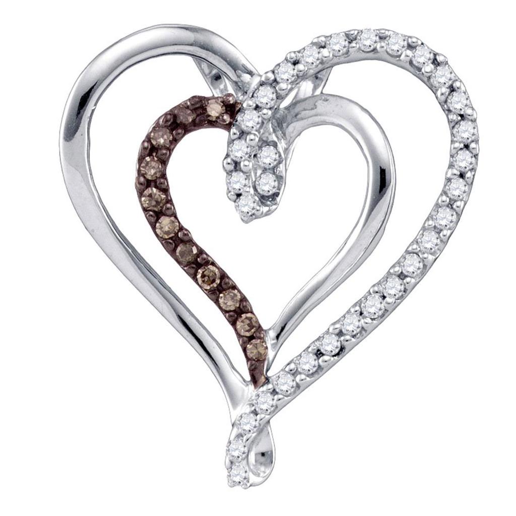 14k White Gold Brown Diamond Double Nested Heart Pendant 1/4 Cttw