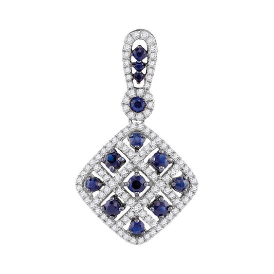 14k White Gold Round Blue Sapphire Diamond Square Pendant 1 Cttw