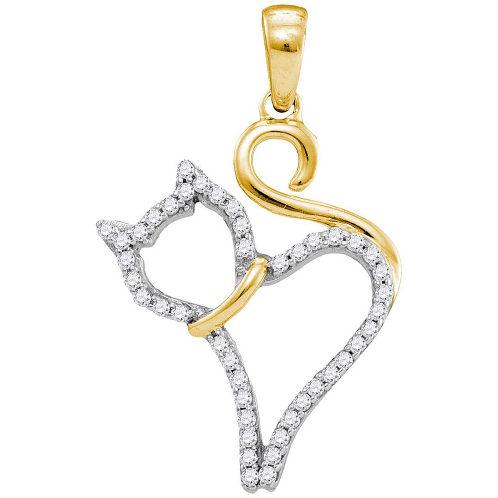 10k Yellow Gold Round Diamond Kitty Cat Animal Pendant 1/6 Cttw