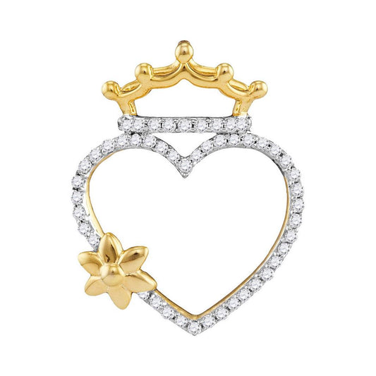 10k Yellow Gold Round Diamond Heart Crown Flower Pendant 1/4 Cttw
