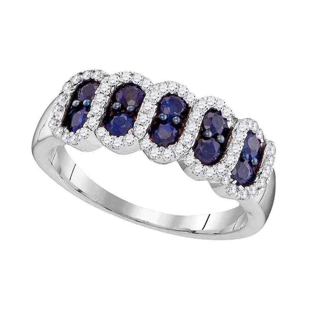 14k White Gold Round Blue Sapphire Diamond Stripe Band 1 Cttw