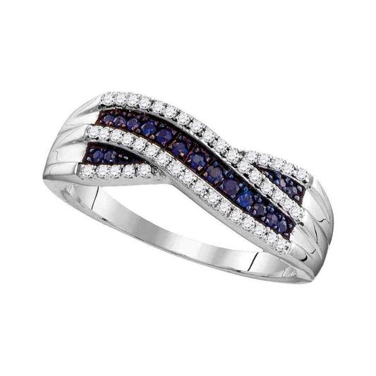 14k White Gold Round Blue Sapphire Crossover Band Ring 1/3 Cttw