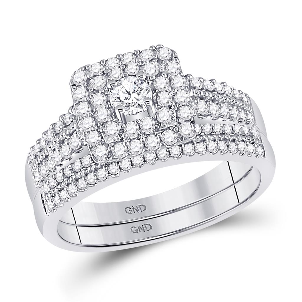 14k White Gold Round Diamond Double Halo Bridal Wedding Ring Set 3/4 Cttw