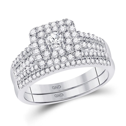 14k White Gold Round Diamond Double Halo Bridal Wedding Ring Set 3/4 Cttw
