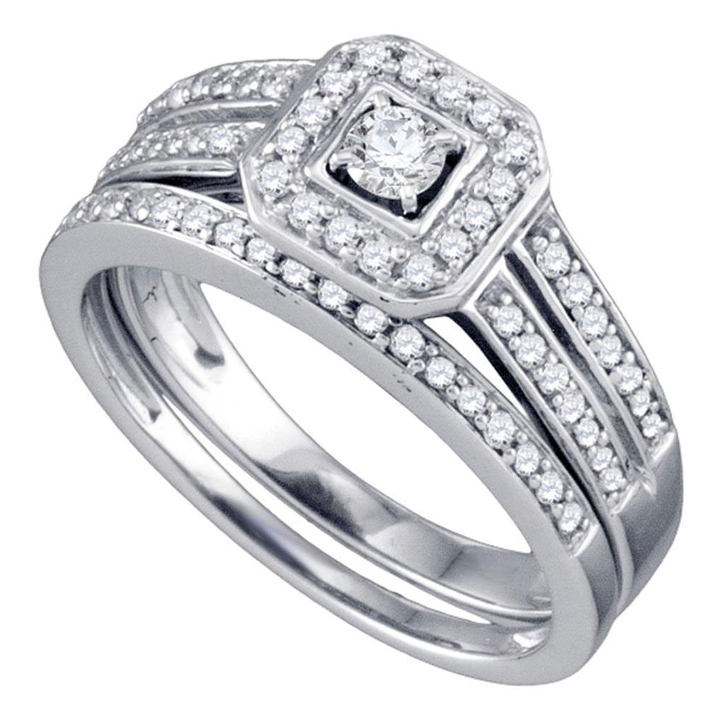 14k White Gold Round Diamond Halo Bridal Wedding Ring Set 1/2 Cttw