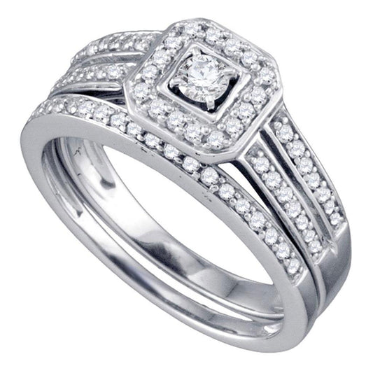 14k White Gold Round Diamond Halo Bridal Wedding Ring Set 1/2 Cttw