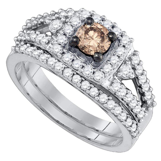 14k White Gold Round Brown Diamond Bridal Wedding Ring Set 1 Cttw