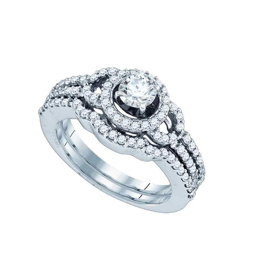 14k White Gold Round Diamond Halo Bridal Wedding Ring Set 1 Cttw