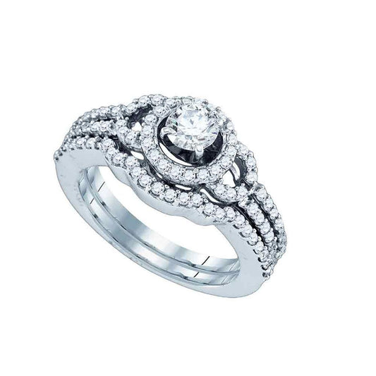 14k White Gold Round Diamond Halo Bridal Wedding Ring Set 1 Cttw