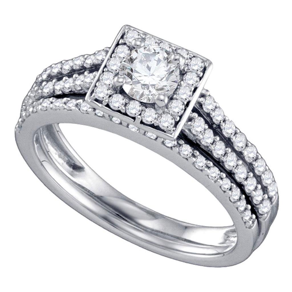 14k White Gold Round Diamond Square Halo Bridal Wedding Ring Set 1 Cttw