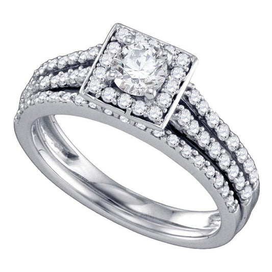 14k White Gold Round Diamond Square Halo Bridal Wedding Ring Set 1 Cttw