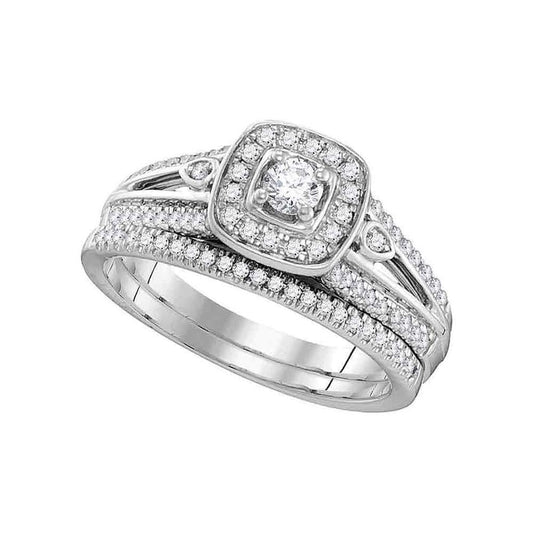 14k White Gold Round Diamond Halo Bridal Wedding Ring Set 1/2 Cttw