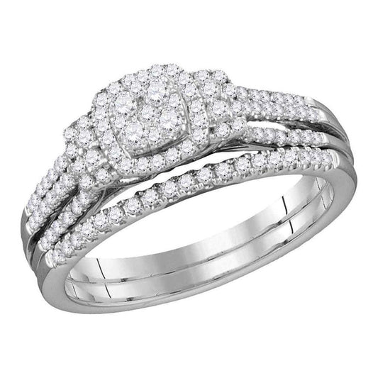 14k White Gold Round Diamond Cluster Bridal Wedding Ring Set 1/2 Cttw
