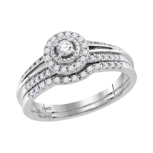 14k White Gold Round Diamond Halo Bridal Wedding Ring Set 1/3 Cttw