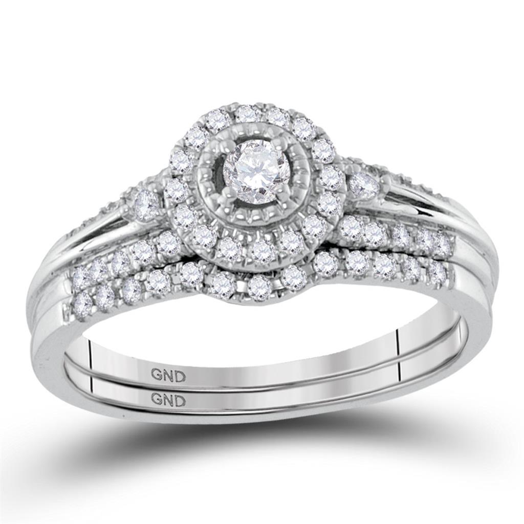 14k White Gold Round Diamond Halo Bridal Wedding Ring Set 1/3 Cttw
