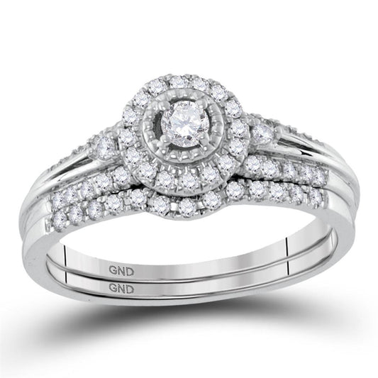 14k White Gold Round Diamond Halo Bridal Wedding Ring Set 1/3 Cttw