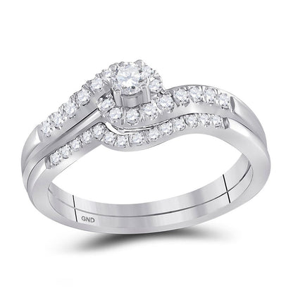 14k White Gold Round Diamond Swirl Bridal Wedding Ring Set 1/3 Cttw