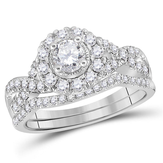 14k White Gold Round Diamond Twist Halo Bridal Wedding Ring Set 1 Cttw (Certified)