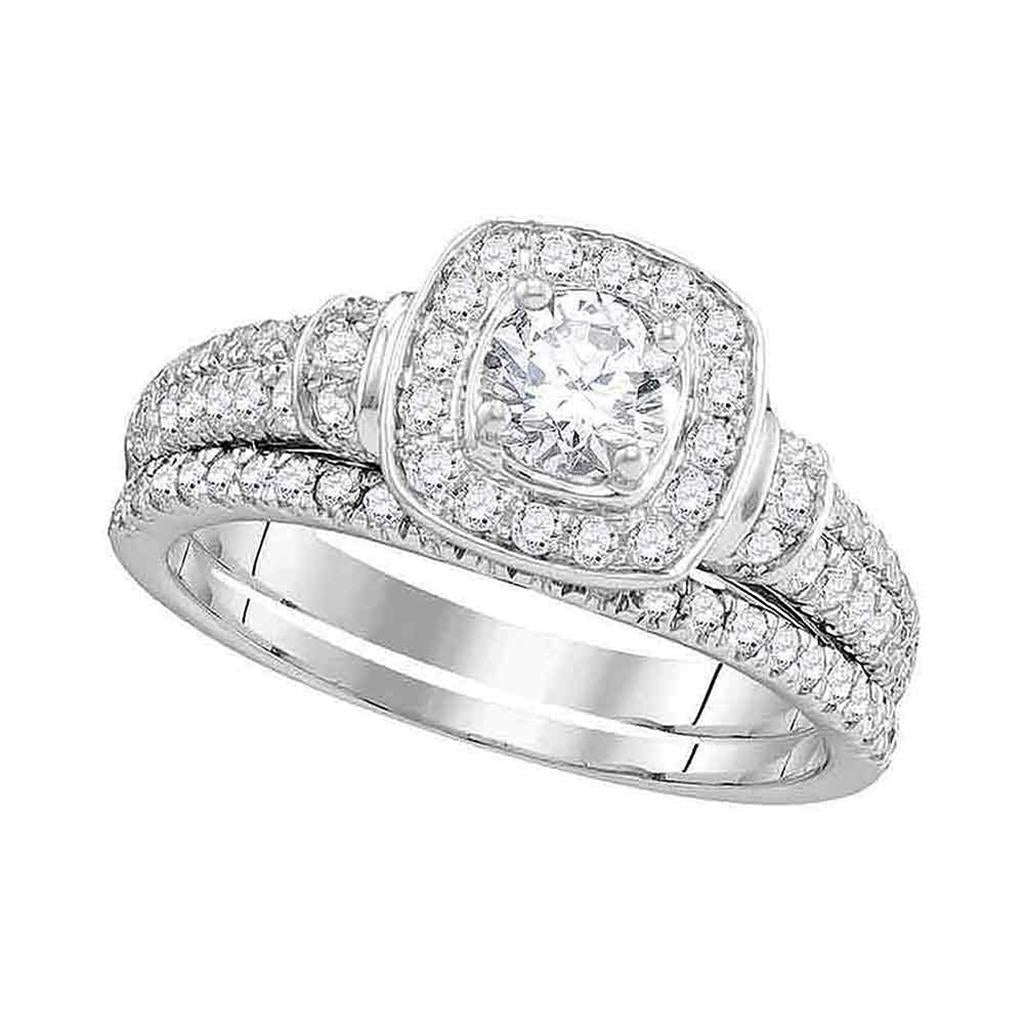14k White Gold Round Diamond Square Halo Bridal Wedding Ring Set 1 Cttw