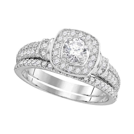 14k White Gold Round Diamond Square Halo Bridal Wedding Ring Set 1 Cttw