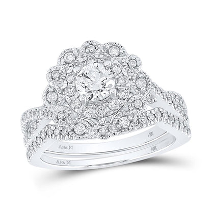 14k White Gold Round Diamond Halo Bridal Wedding Ring Set 1 Ctw (Certified)