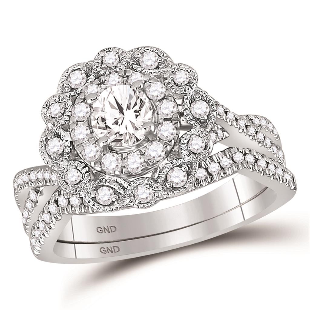 14k White Gold Round Diamond Halo Bridal Wedding Ring Set 1 Ctw (Certified)
