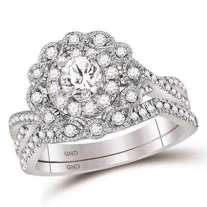 14k White Gold Round Diamond Halo Bridal Wedding Ring Set 1 Ctw (Certified)