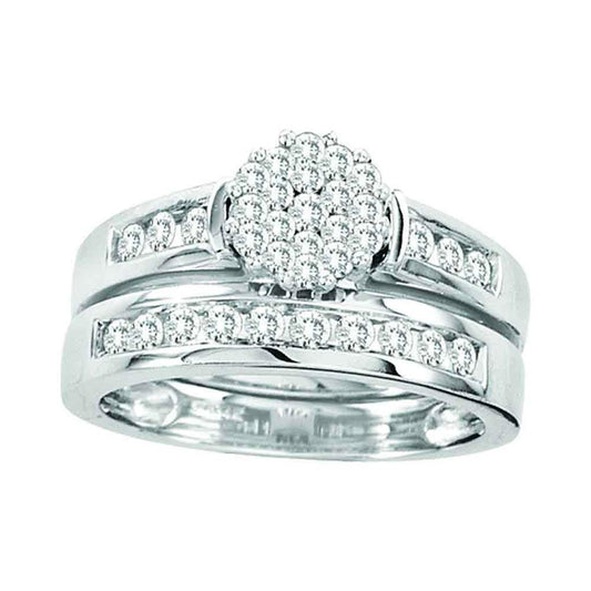 14k White Gold Round Diamond Cluster Bridal Wedding Ring Set 3/4 Cttw