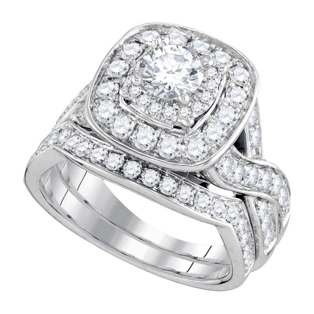 14k White Gold Round Diamond Halo Bridal Wedding Ring Set 2 Cttw (Certified)