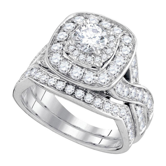 14k White Gold Round Diamond Halo Bridal Wedding Ring Set 2 Cttw (Certified)