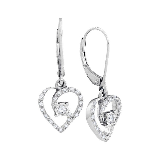 14k White Gold Round Diamond Leverback Heart Dangle Earrings 1/4 Cttw
