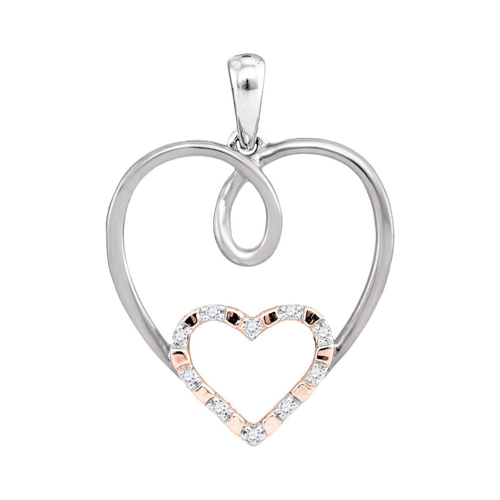 14k White Gold Round Diamond Rose-tone Double Nested Heart Pendant 1/20 Cttw