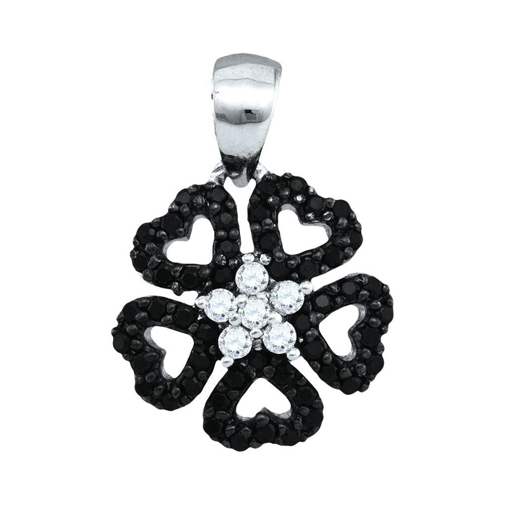 14k White Gold Round Black Diamond Heart Circle Pendant 1/3 Cttw