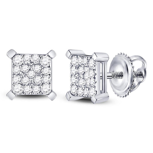14k White Gold Round Diamond Square Cluster Earrings 1/4 Cttw